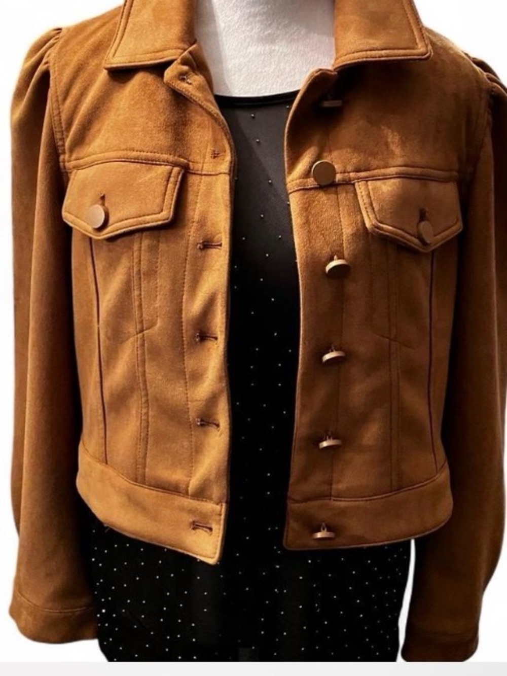 Cropped Suede-Style Jean Jacket in Camel